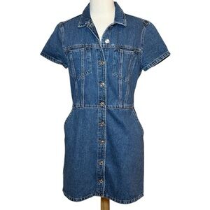 Mango MNG Denim Shirt Dress short sleeves button down front Blue size 6